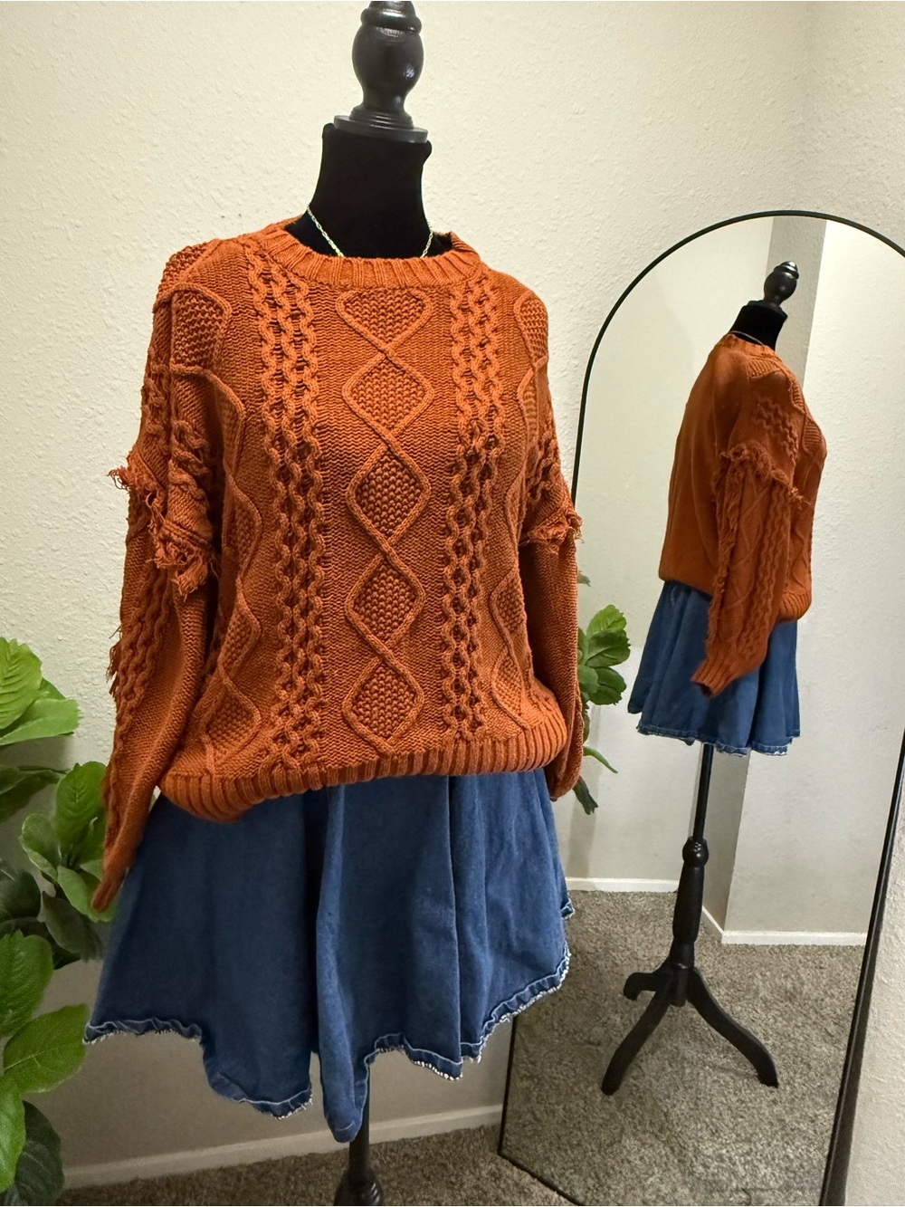 a.n.a Rust Orange Cable-Knit Crewneck Sweater
